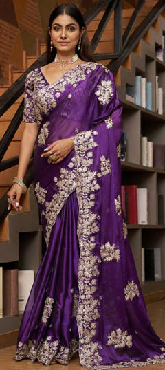 Purple and Violet color Saree in Silk fabric with Embroidered, Sequence, Thread work