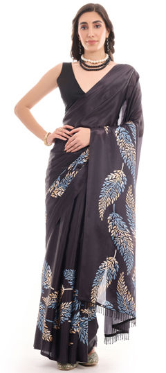 Black and Grey color Readymade Saree in Chinon Silk fabric with Digital Print, Floral work