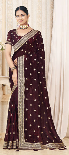 Red and Maroon color Saree in Silk fabric with Embroidered, Sequence, Thread, Zari work