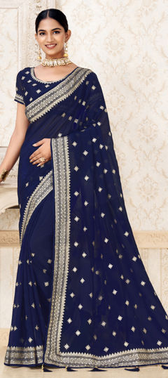 Blue color Saree in Silk fabric with Embroidered, Sequence, Thread, Zari work