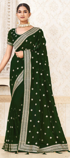 Green color Saree in Silk fabric with Embroidered, Sequence, Thread, Zari work