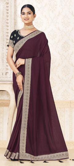 Red and Maroon color Saree in Silk fabric with Embroidered, Sequence, Thread, Zari work