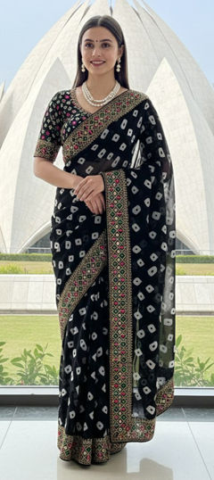 Black and Grey color Saree in Georgette fabric with Bandhej, Embroidered, Printed work