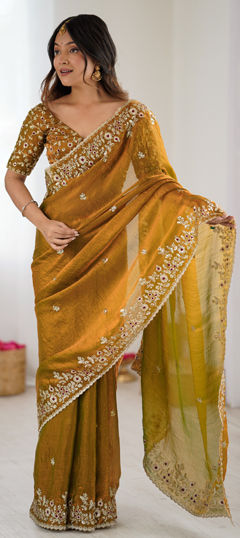 Yellow color Saree in Chiffon fabric with Embroidered, Sequence work