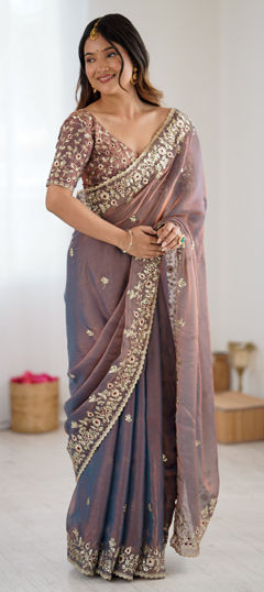 Black and Grey color Saree in Chiffon fabric with Embroidered, Sequence work