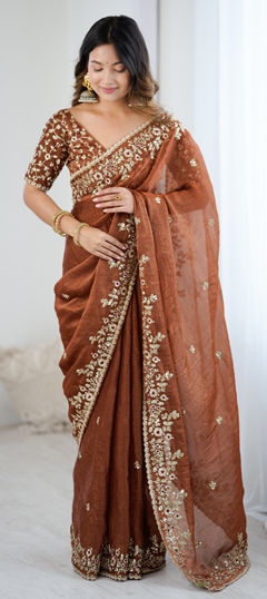 Beige and Brown color Saree in Chiffon fabric with Embroidered, Sequence work