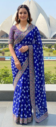 Blue color Saree in Georgette fabric with Bandhej, Embroidered, Printed work