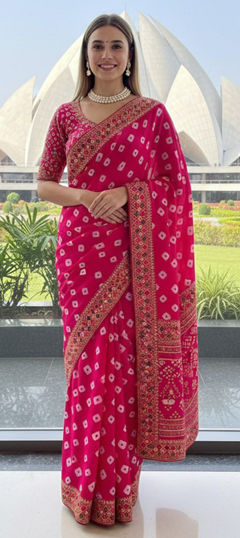 Pink and Majenta color Saree in Georgette fabric with Bandhej, Embroidered, Printed work