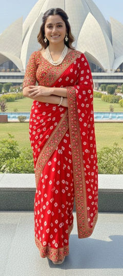 Red and Maroon color Saree in Georgette fabric with Bandhej, Embroidered, Printed work
