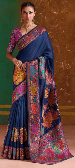 Blue color Saree in Cotton, Pashmina fabric with Floral, Printed work
