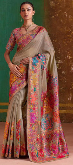 Beige and Brown color Saree in Cotton, Pashmina fabric with Floral, Printed work