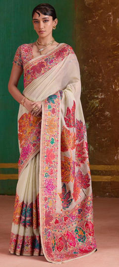 Beige and Brown color Saree in Cotton, Pashmina fabric with Floral, Printed work
