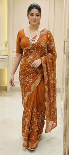 Beige and Brown color Saree in Art Silk fabric with Embroidered, Thread work