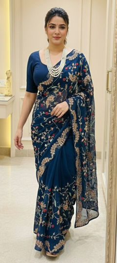 Blue color Saree in Art Silk fabric with Embroidered, Thread work