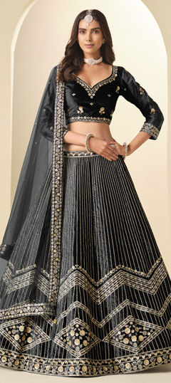 Black and Grey color Lehenga in Velvet fabric with Sequence work