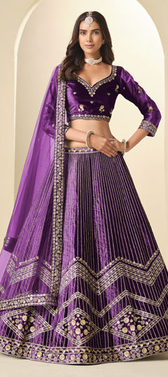 Purple and Violet color Lehenga in Velvet fabric with Sequence work
