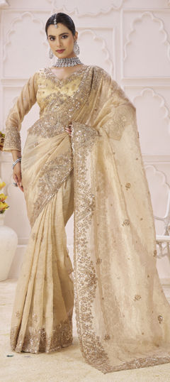 Beige and Brown color Saree in Organza Silk, Tissue fabric with Bugle Beads, Embroidered, Sequence work