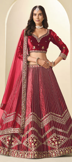 Red and Maroon color Lehenga in Velvet fabric with Sequence work