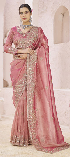 Pink and Majenta color Saree in Organza Silk, Tissue fabric with Bugle Beads, Embroidered, Sequence work