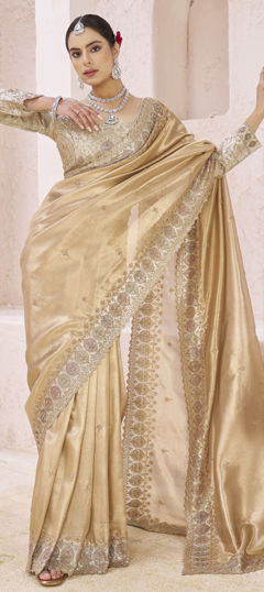 Pink and Majenta color Saree in Banarasi Silk fabric with Bugle Beads, Embroidered, Sequence work