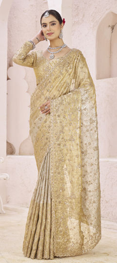 Gold color Saree in Banarasi Silk, Crushed Silk fabric with Bugle Beads, Embroidered, Moti, Sequence work