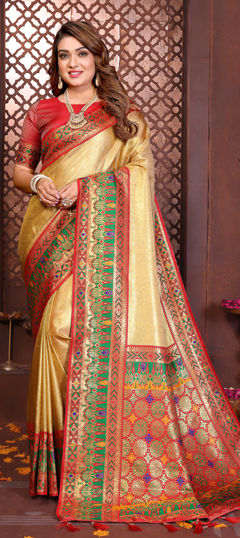 Yellow color Saree in Banarasi Silk, Tissue fabric with Weaving work