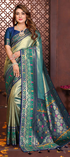 Blue color Saree in Banarasi Silk, Tissue fabric with Weaving work