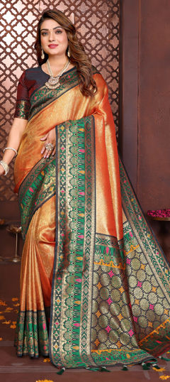 Orange color Saree in Banarasi Silk, Tissue fabric with Weaving work