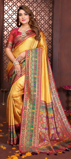 Yellow color Saree in Banarasi Silk, Tissue fabric with Weaving work