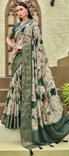 Beige and Brown color Saree in Viscose fabric with Floral, Printed, Weaving work