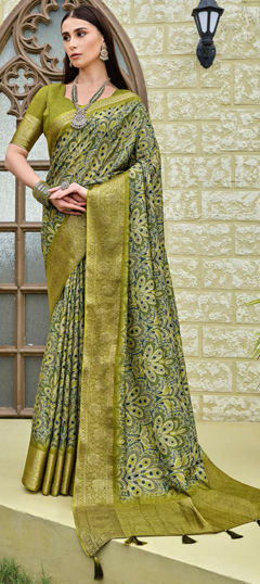 Green color Saree in Viscose fabric with Floral, Printed, Weaving work