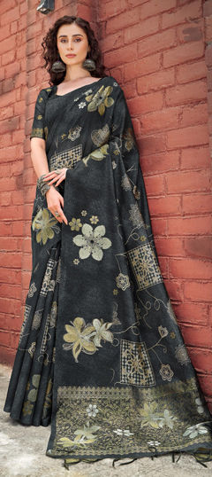 Black and Grey color Saree in Silk fabric with Printed work