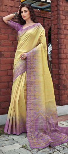 Yellow color Saree in Silk fabric with Printed work