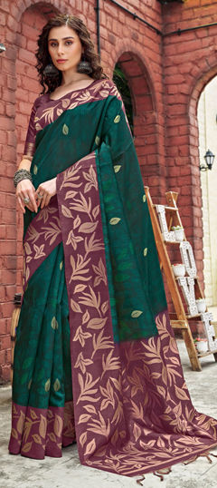 Green color Saree in Silk fabric with Printed work