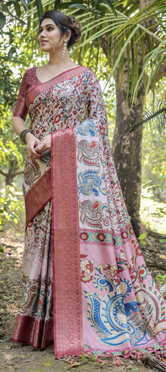 Pink and Majenta color Saree in Tussar Silk fabric with Floral, Printed, Weaving work