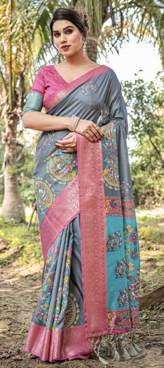 Black and Grey, Blue color Saree in Tussar Silk fabric with Floral, Printed, Weaving work