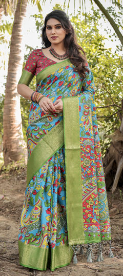 Blue, Green color Saree in Tussar Silk fabric with Floral, Printed, Weaving work