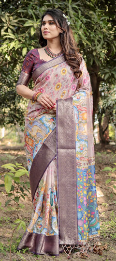 Beige and Brown, Pink and Majenta color Saree in Tussar Silk fabric with Floral, Printed, Weaving work