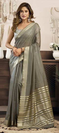 Black and Grey color Saree in Cotton Flex fabric with Zari work