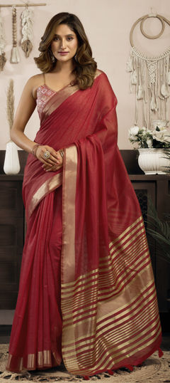 Red and Maroon color Saree in Cotton Flex fabric with Zari work