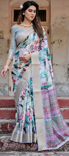 Blue color Saree in Tussar Silk fabric with Floral, Printed, Weaving work