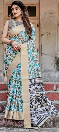 Gold color Saree in Tussar Silk fabric with Floral, Printed, Weaving work