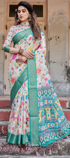 Green color Saree in Tussar Silk fabric with Floral, Printed, Weaving work
