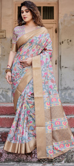 Silver color Saree in Tussar Silk fabric with Floral, Printed, Weaving work