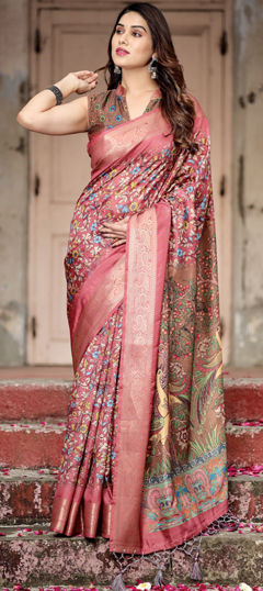 Red and Maroon color Saree in Tussar Silk fabric with Floral, Printed, Weaving work