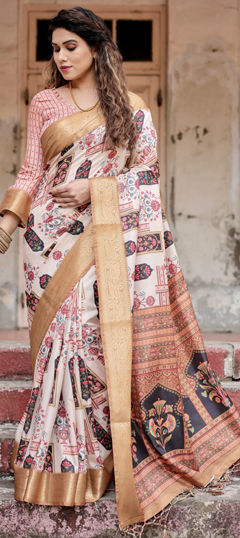 Gold color Saree in Tussar Silk fabric with Printed, Weaving work