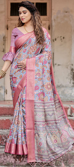 Pink and Majenta color Saree in Tussar Silk fabric with Printed, Weaving work