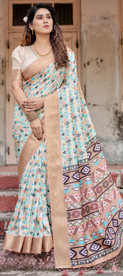 Silver color Saree in Tussar Silk fabric with Printed, Weaving work