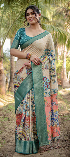 Green color Saree in Tussar Silk fabric with Floral, Printed, Weaving work