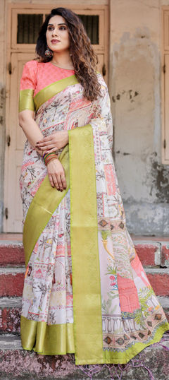Green color Saree in Tussar Silk fabric with Floral, Printed, Weaving work